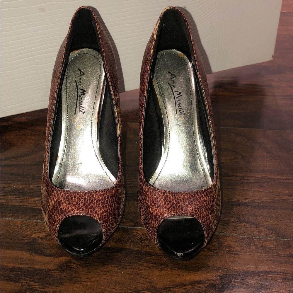 Anne Michelle Brown Snakeskin Peep-Toe Heels with Black Patent Toe